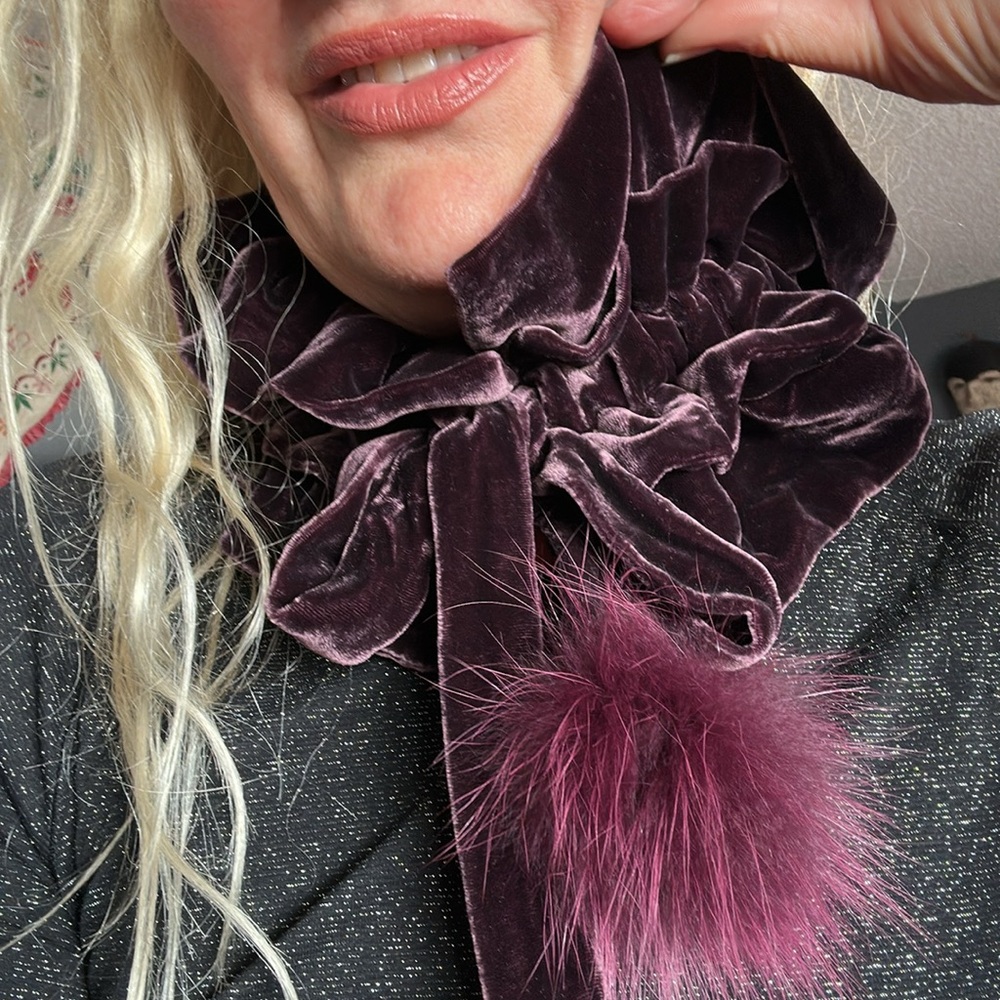 Rich purple color velvet scrunchie adjustable tie on collar w rabbit fur pompoms